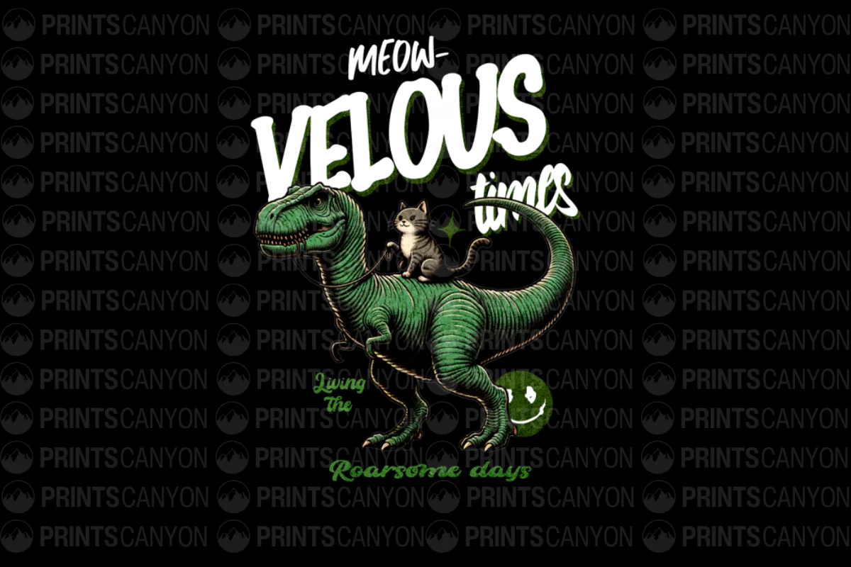 Meow-velous Times T-Shirt Design with Dinosaur and Cat, Perfect for Dino Lovers