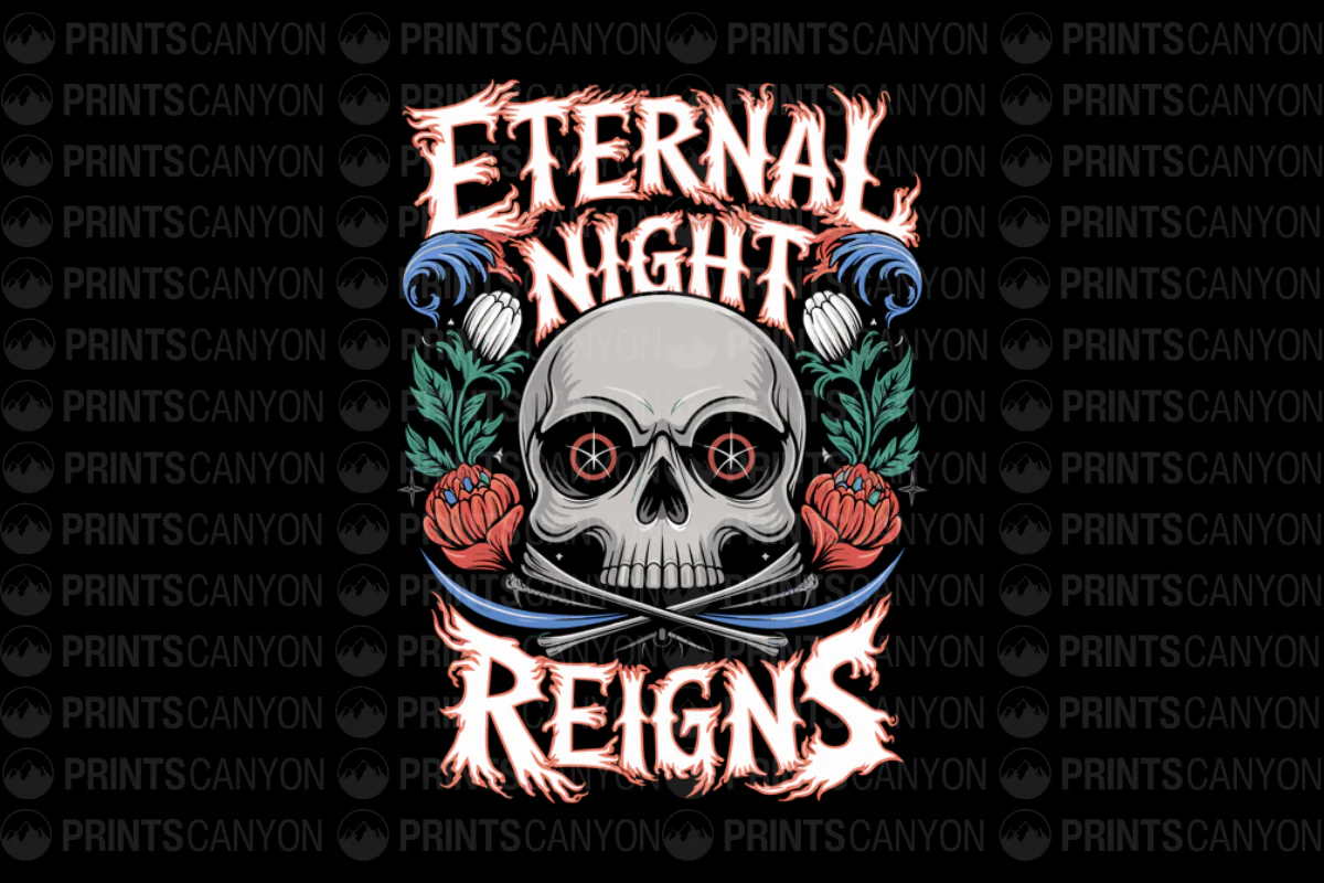 Eternal Night Reigns Skull and Floral T-Shirt Design