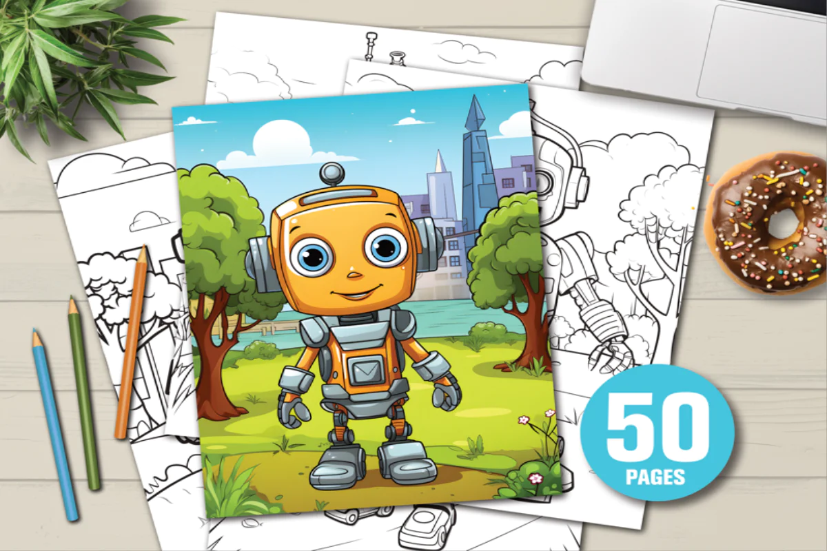 50 Pages Robot Adventure Coloring Book for Kids