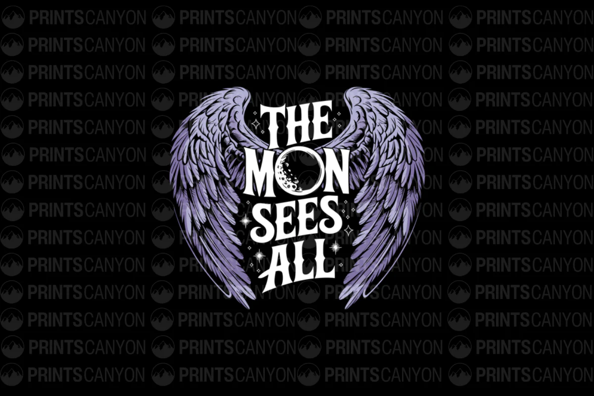 The Moon Sees All T-Shirt Design with Angel Wings and Cosmic Elements