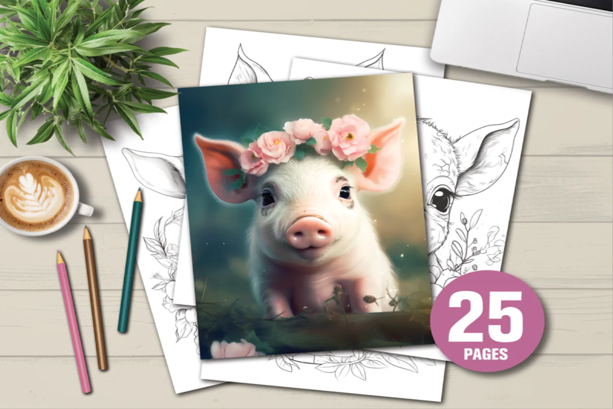 Adorable Animal Coloring Book Featuring 25 Pages of Cute Pig and Floral Designs