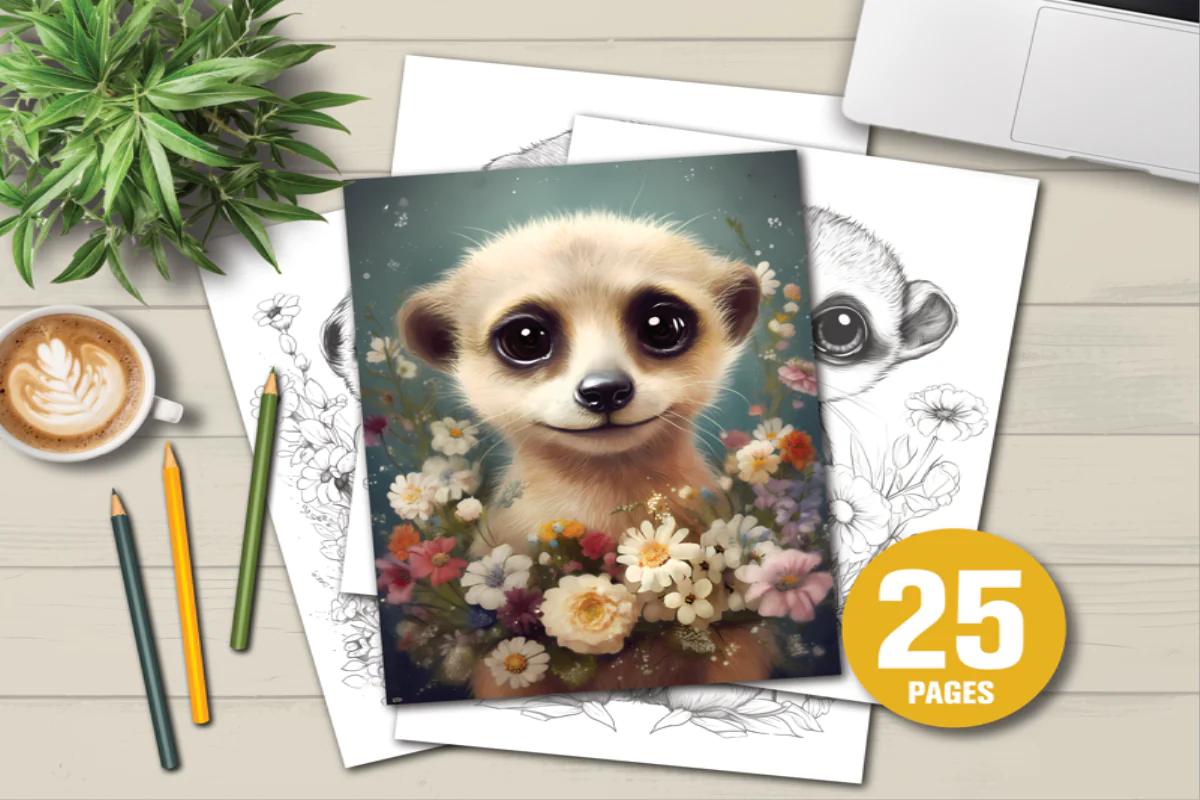 Adorable Meerkat Coloring Book with 25 Fun and Floral Pages for All Ages