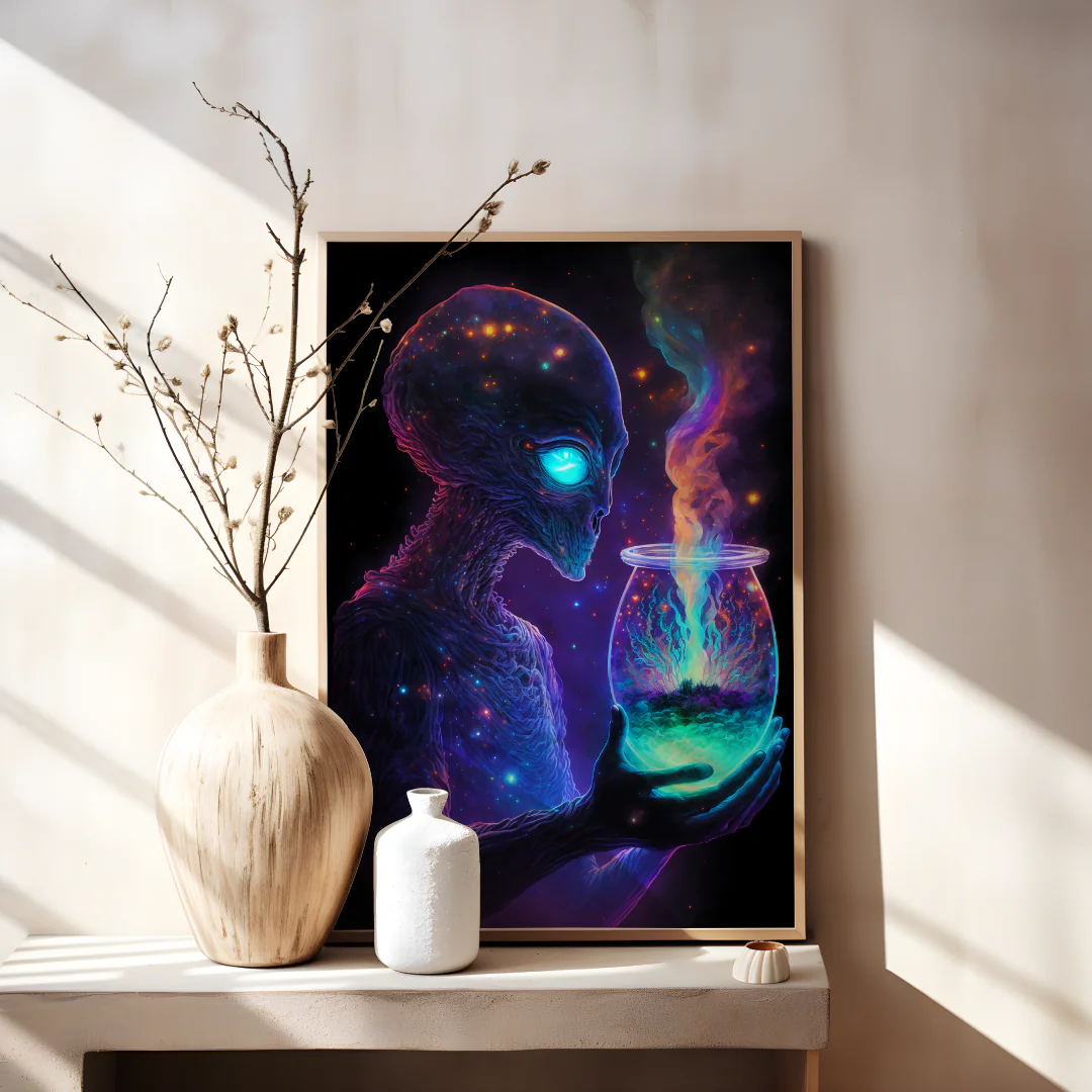Cosmic Alien Holding Mystical Jar Printable Wall Art for Unique Home Decor