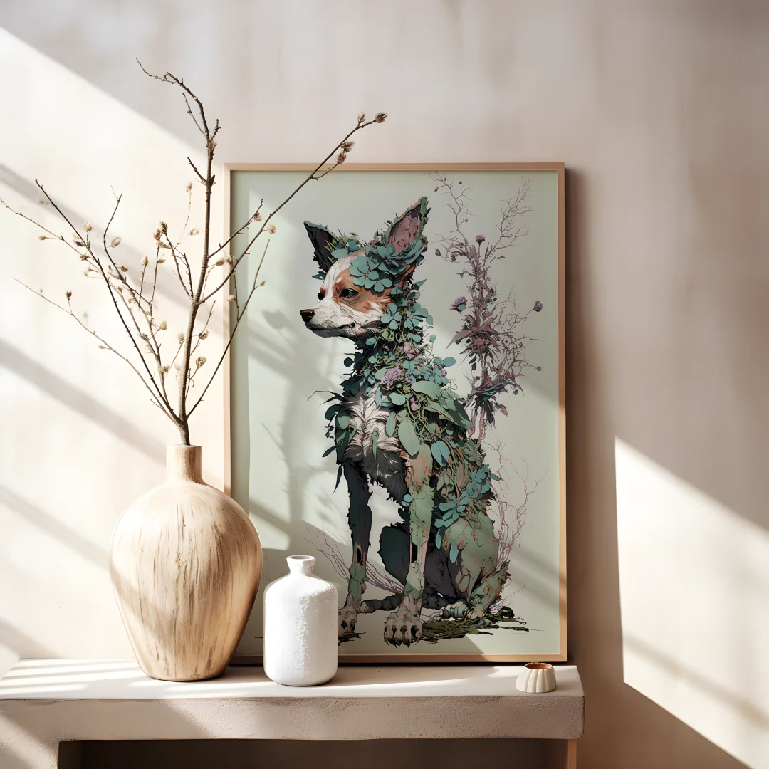 Whimsical Floral Dog Art Print for Nature-Inspired Home Decor