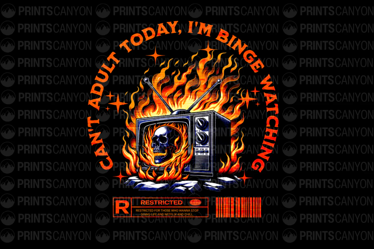 Binge Watching T-Shirt Design Can't Adult Today Retro TV Skull Flame