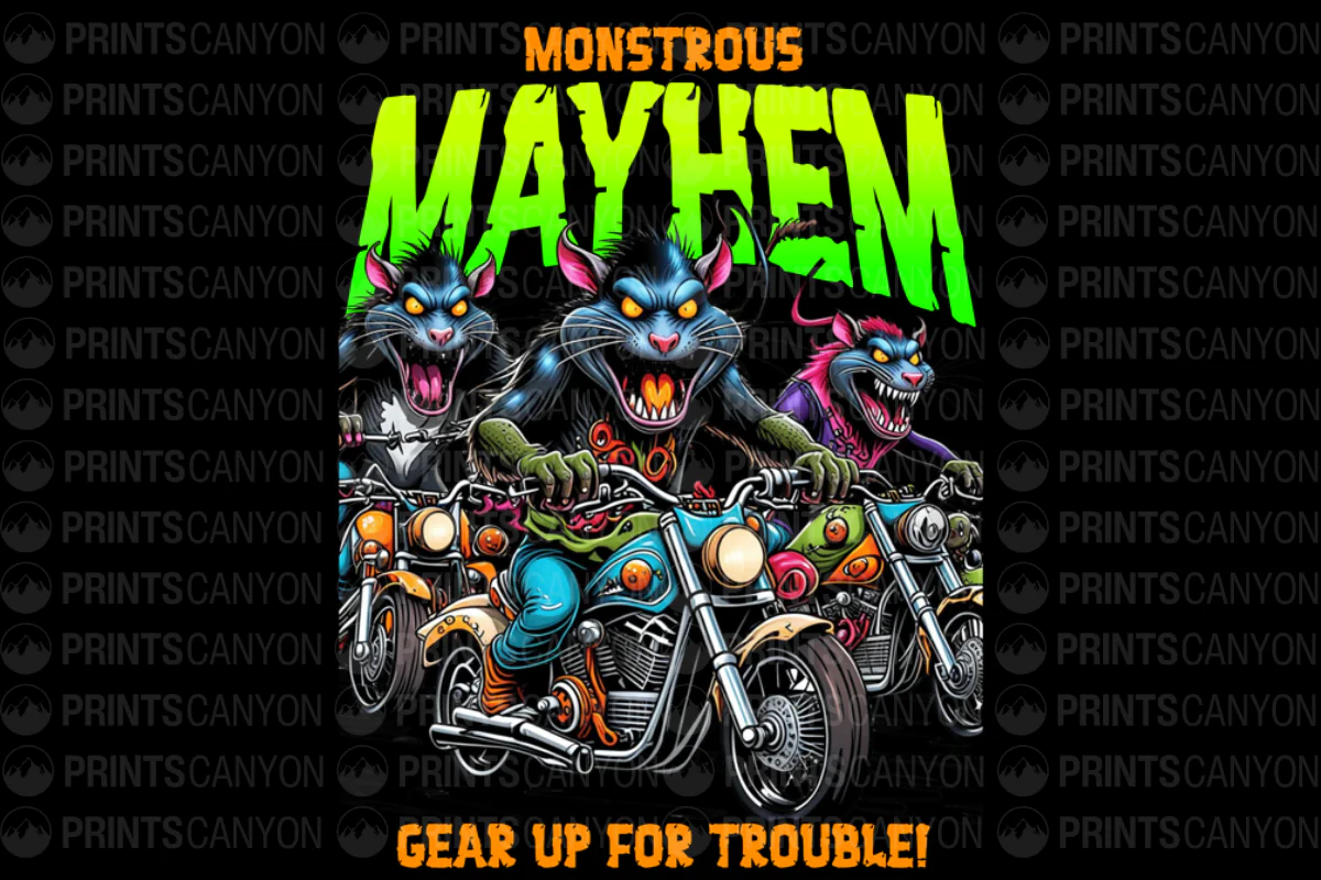Monstrous Mayhem T-Shirt Design Gear Up for Trouble with Wild Biker Rats