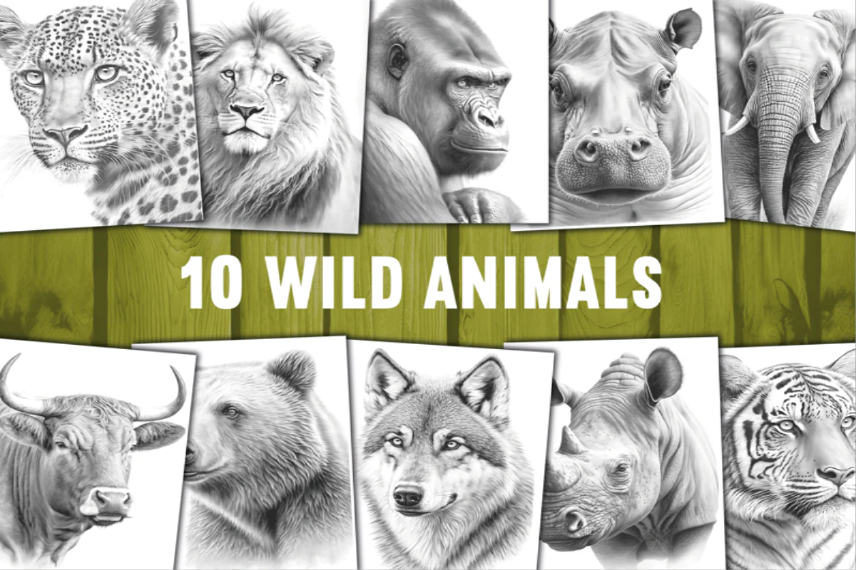 10 Wild Animals Coloring Book Printable Pages for Creative Fun