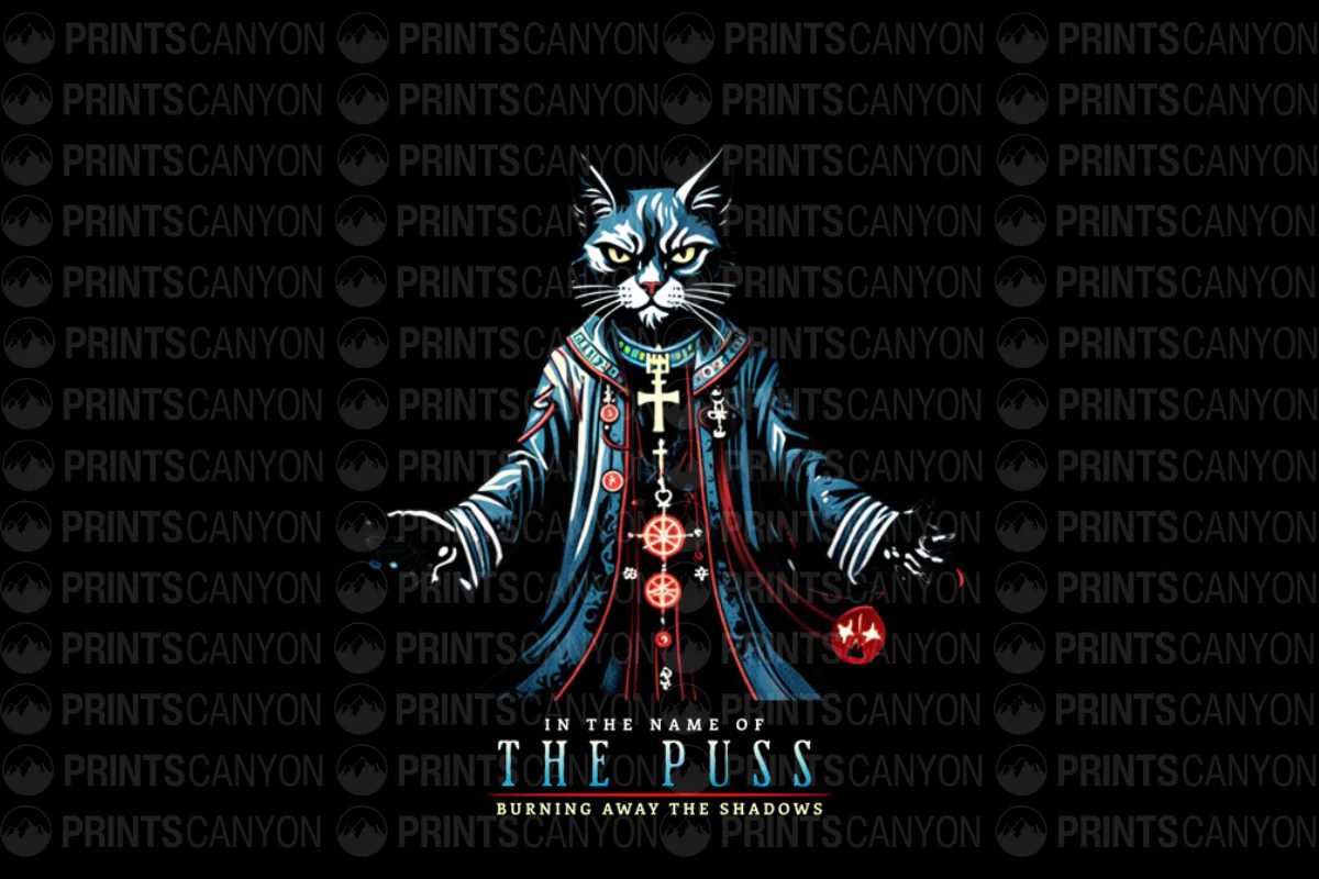 Cat Wizard T-Shirt Design in the Name of the Puss Burning Away the Shadows