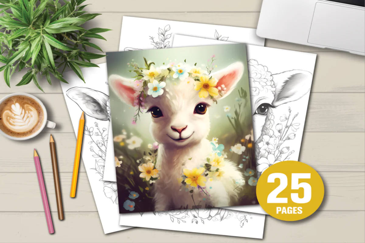 25 Pages of Adorable Baby Lamb with flowersColoring Book for Kids and Adults