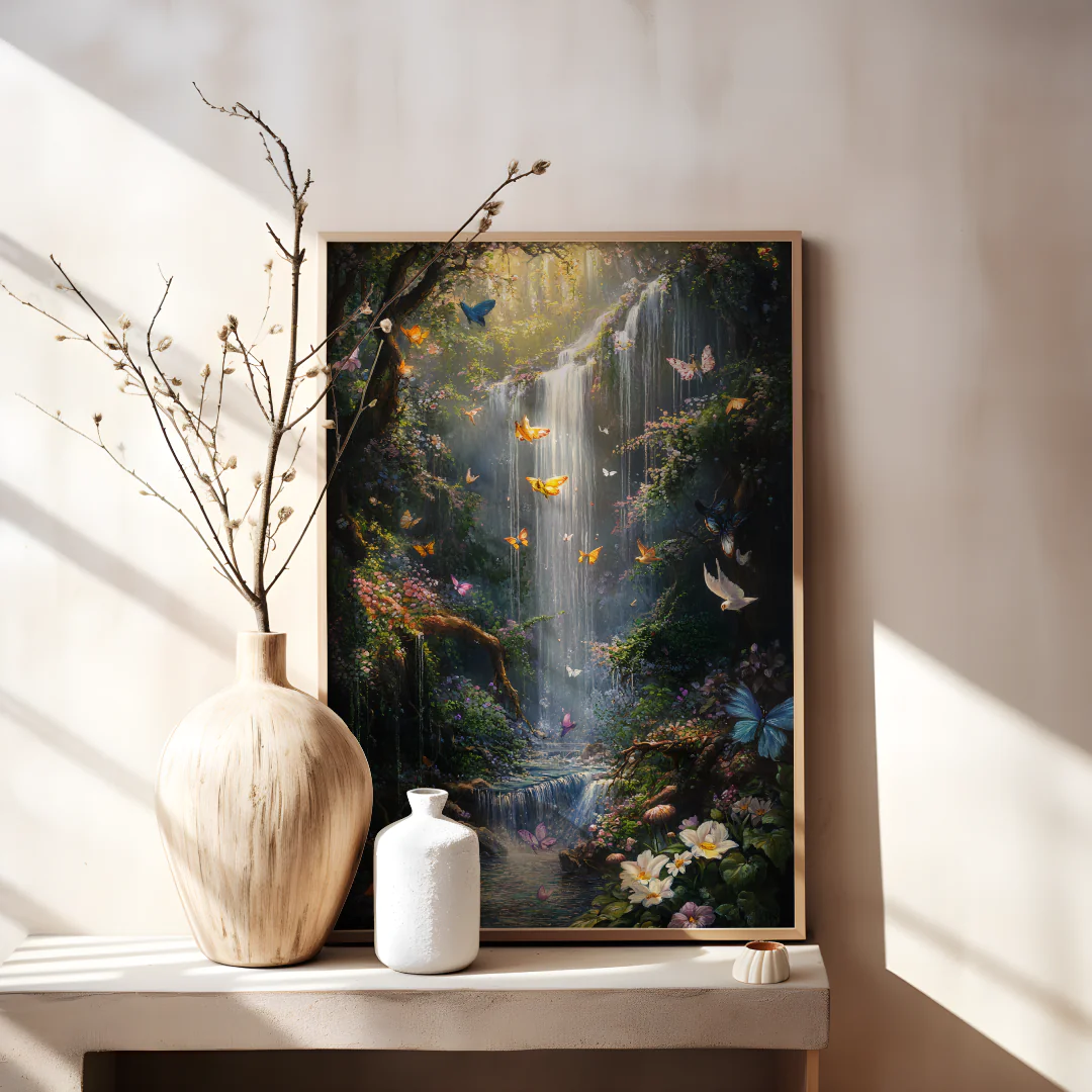 Enchanting Waterfall and Butterfly Printable Wall Art for Nature-Themed Decor