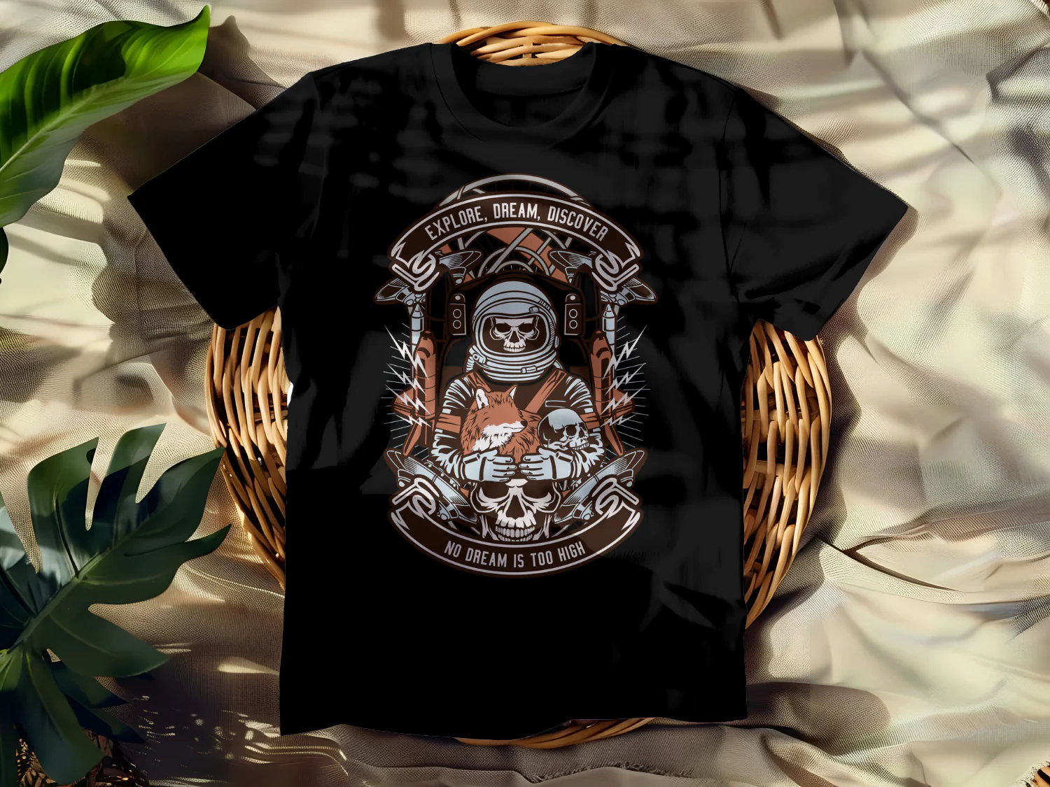 Cosmic Adventure T-Shirt: Explore, Dream, Discover with Astronaut, Skull, and Fox Design