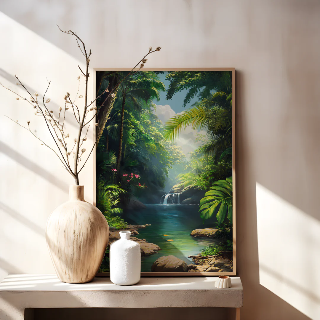 Lush Jungle Landscape Waterfall Printable Wall Art for Tranquil Home Decor