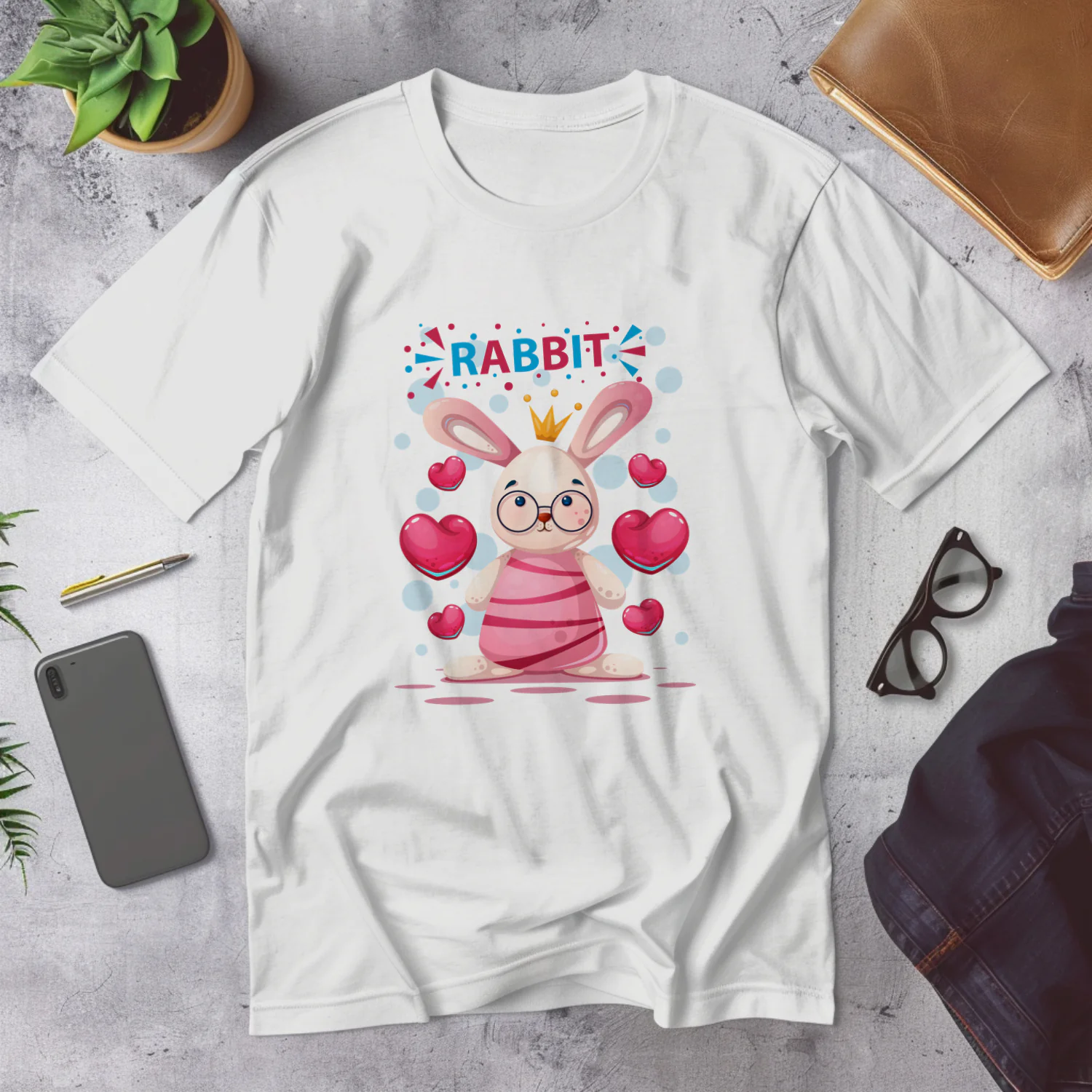 Cute Cartoon Rabbit with Hearts and Crown for Adorable Decor and Gifts
