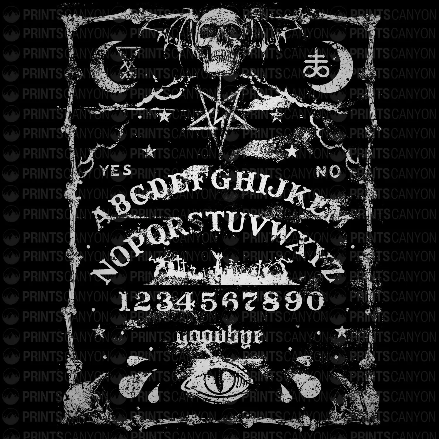 Gothic Ouija Board T-Shirt Design with Skull and Mystical Symbols