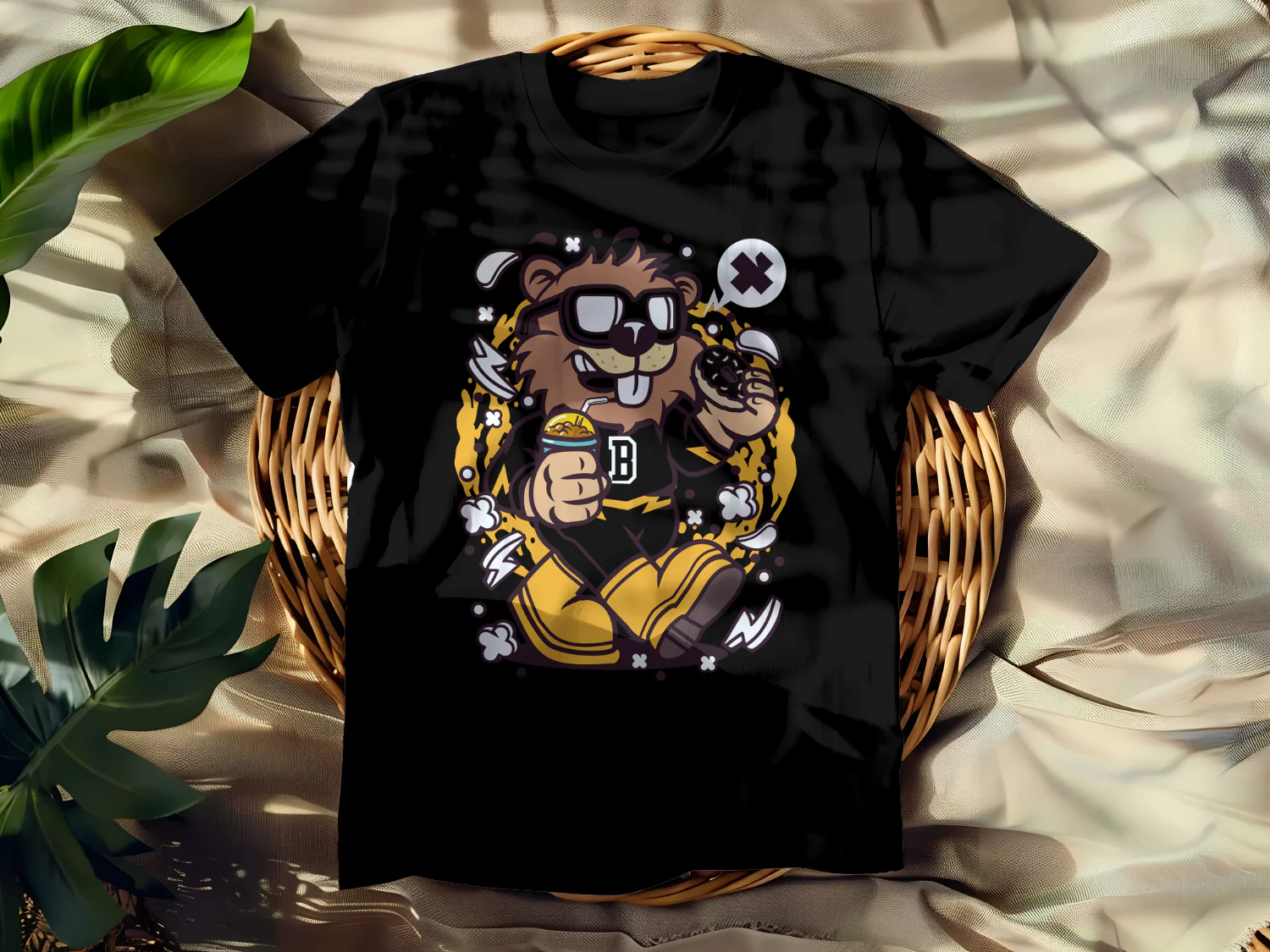 Cool Cartoon Beaver with Snacks and Shades Graphic Design for T-Shirts and Merchandise