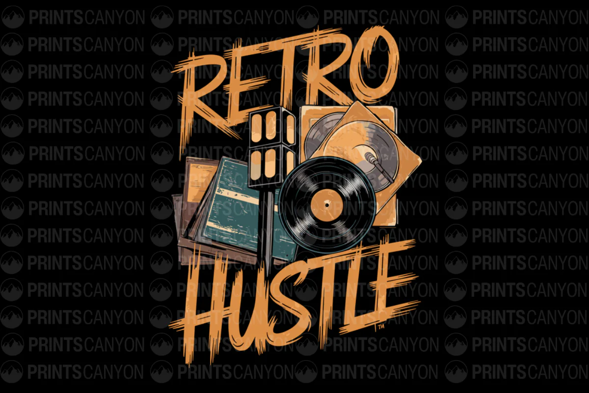 Retro Hustle Vinyl Record and Book Collection Art Design