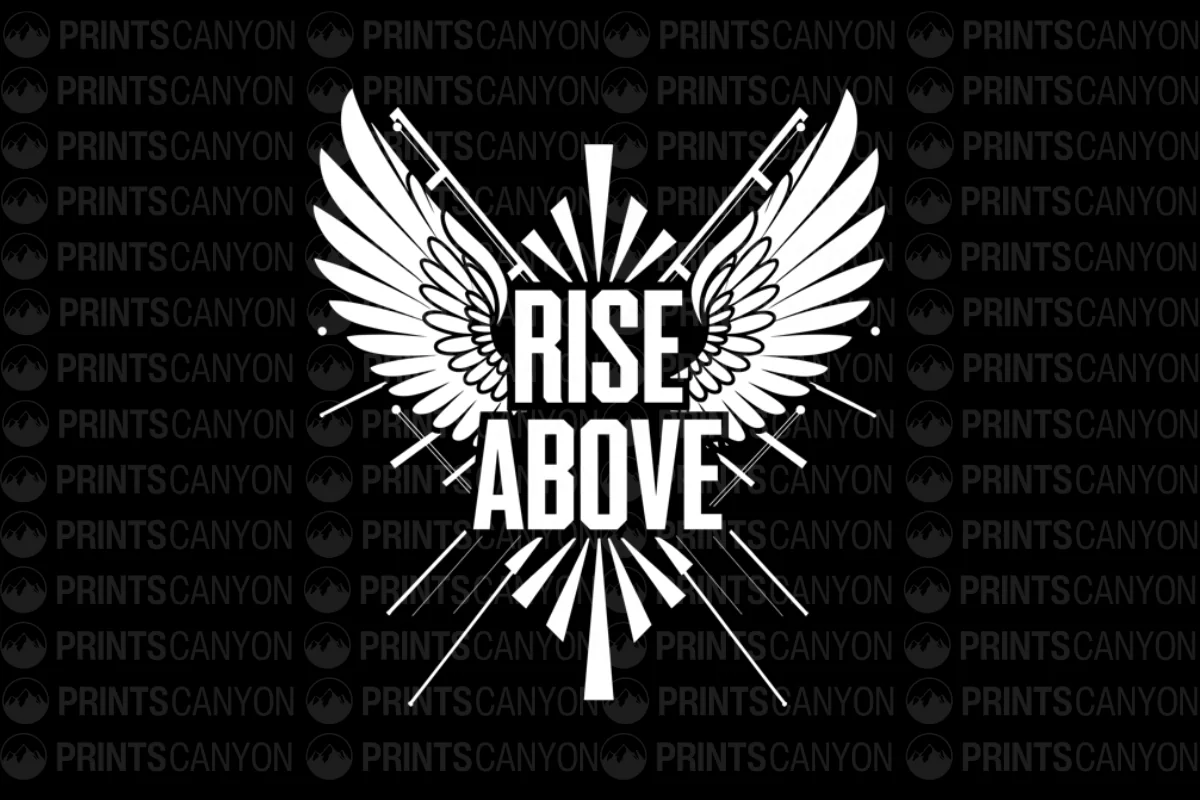 Rise Above Graphic Tee with Wings and Swords Design