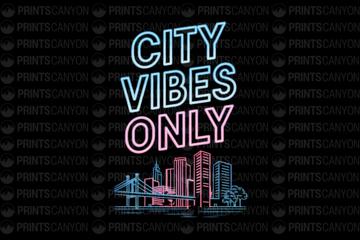 City Vibes Only Neon Art Print Featuring Urban Skyline Design