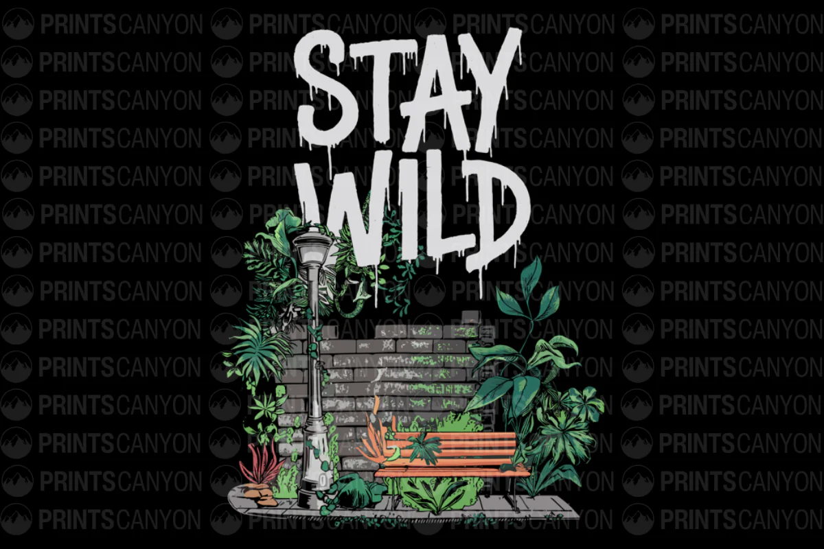 Stay Wild Urban Nature Art Print with Street Lamp and Lush Greenery Design