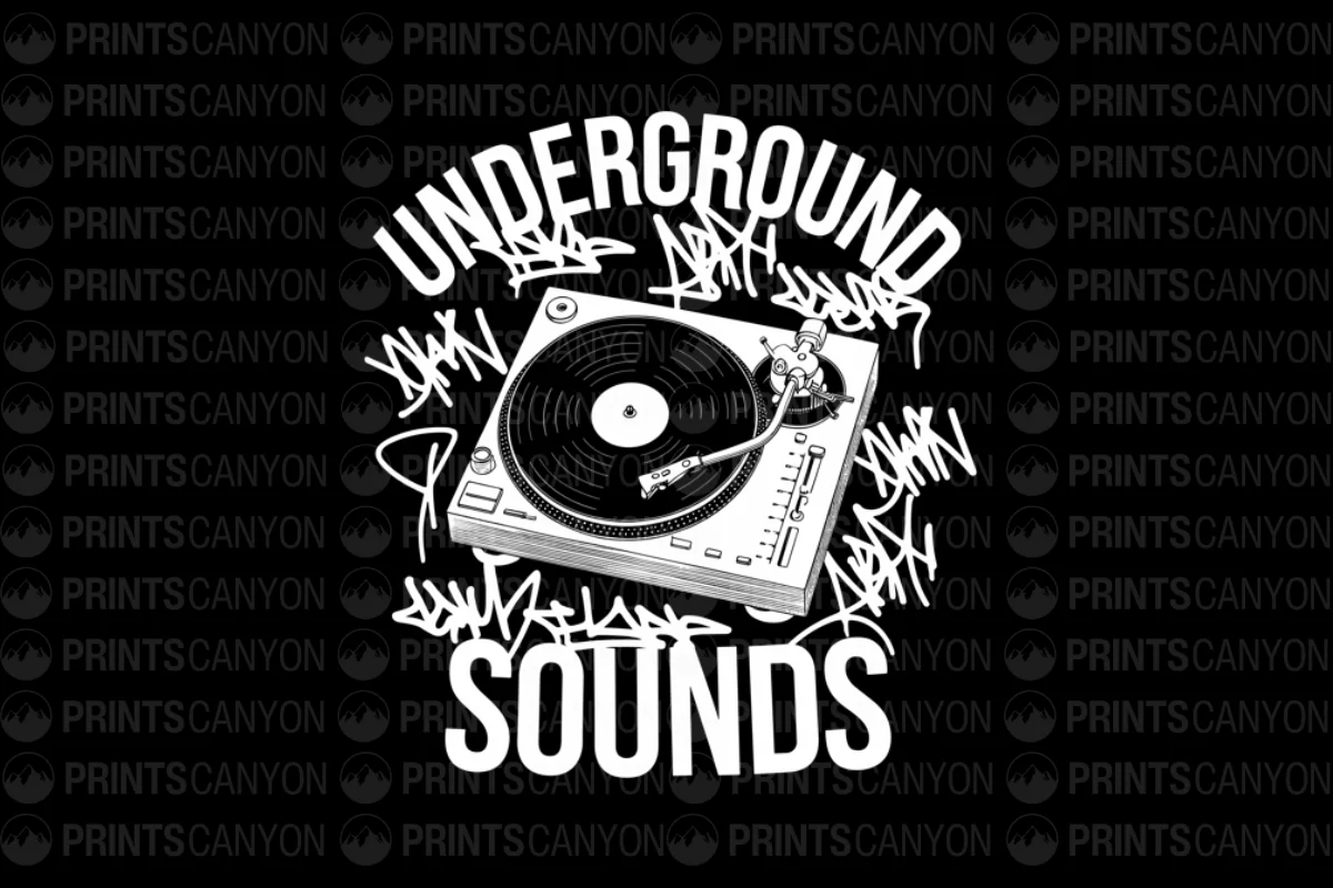 Underground Sounds Retro DJ Turntable Graffiti Art T-Shirt Design