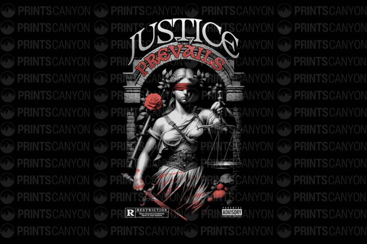 Justice Prevails T-Shirt Design with Lady Justice and Rose Graphic