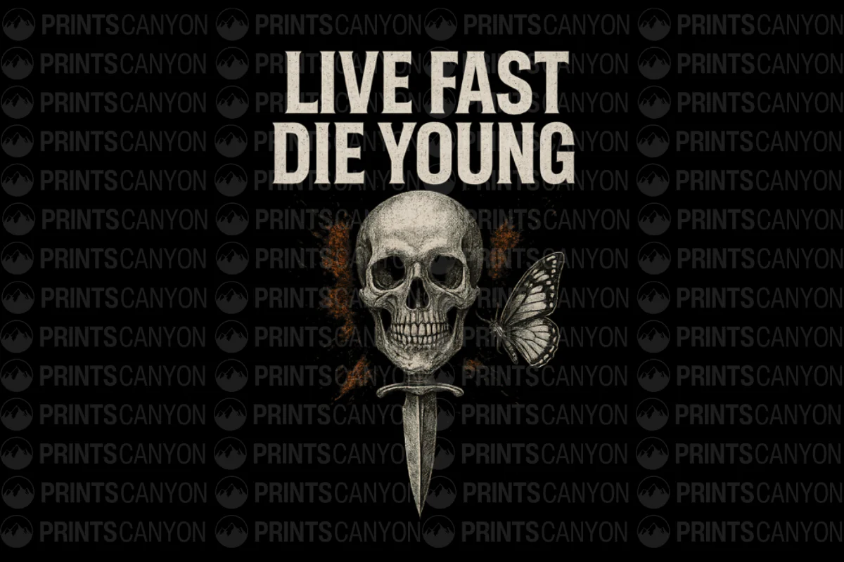 Live Fast Die Young Skull and Butterfly Graphic Tee