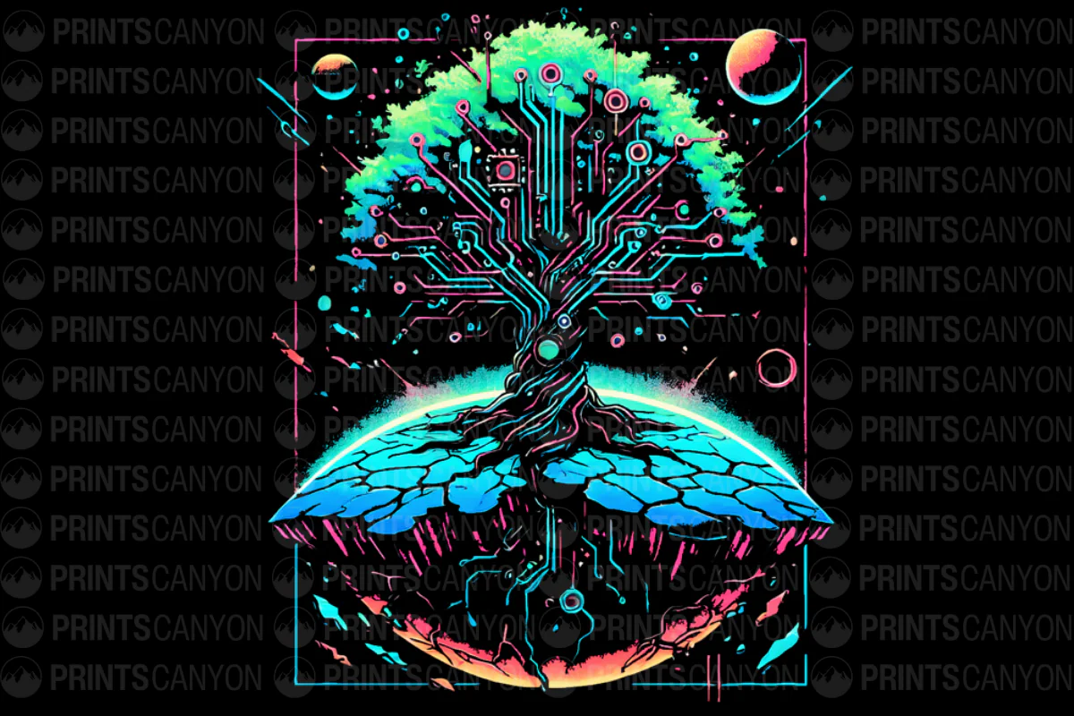 Cybernetic Tree of Life: Neon Galaxy Art for Tech Lovers