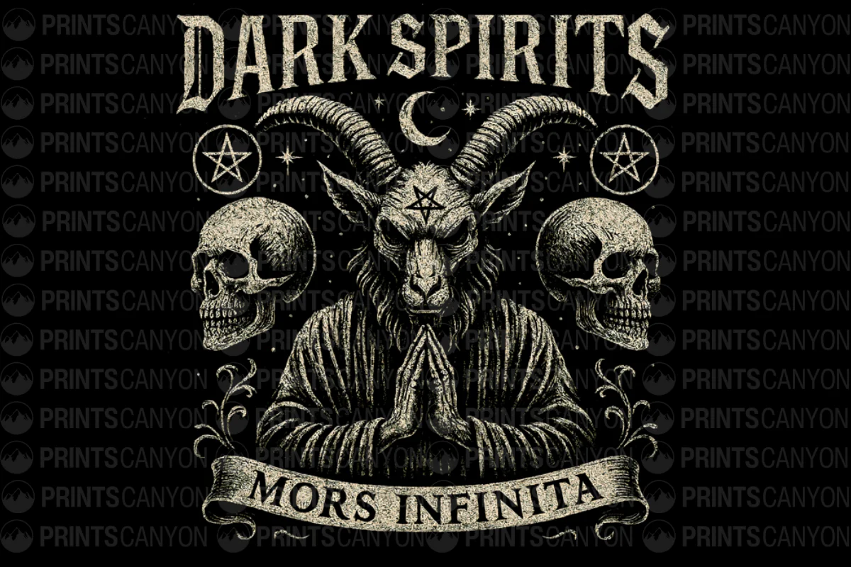 Dark Spirits Graphic Tee with Baphomet Design and Skull Motif for Gothic Style Enthusiasts