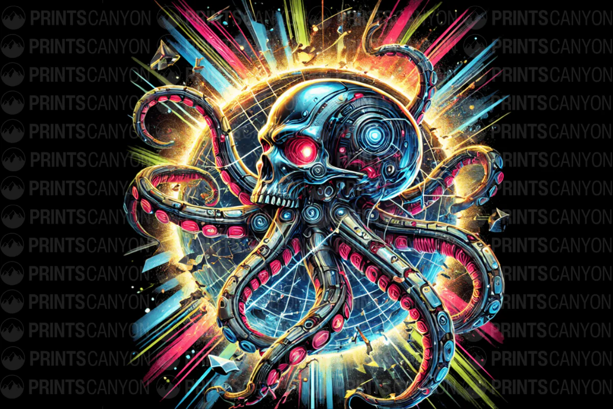 Cybernetic Octopus Skull Cosmic Artwork T-Shirt Design
