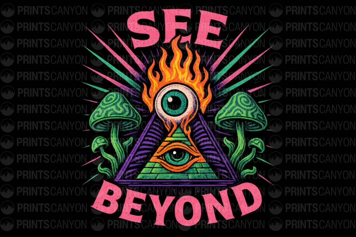 See Beyond Psychedelic T-Shirt Design with Eye, Flame, and Mushrooms 300DPI Printable Graphic