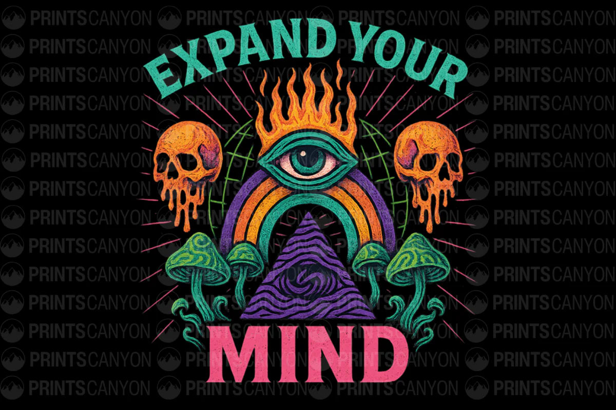 Psychedelic 'Expand Your Mind' Art Print with Eye, Skull, and Mushroom Design