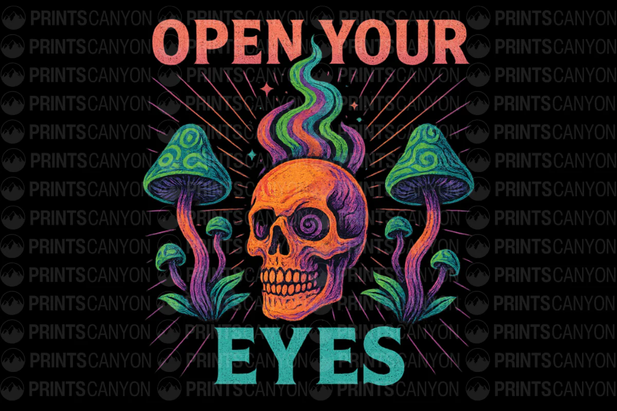 Psychedelic Skull and Mushrooms Open Your Eyes Graphic Tee