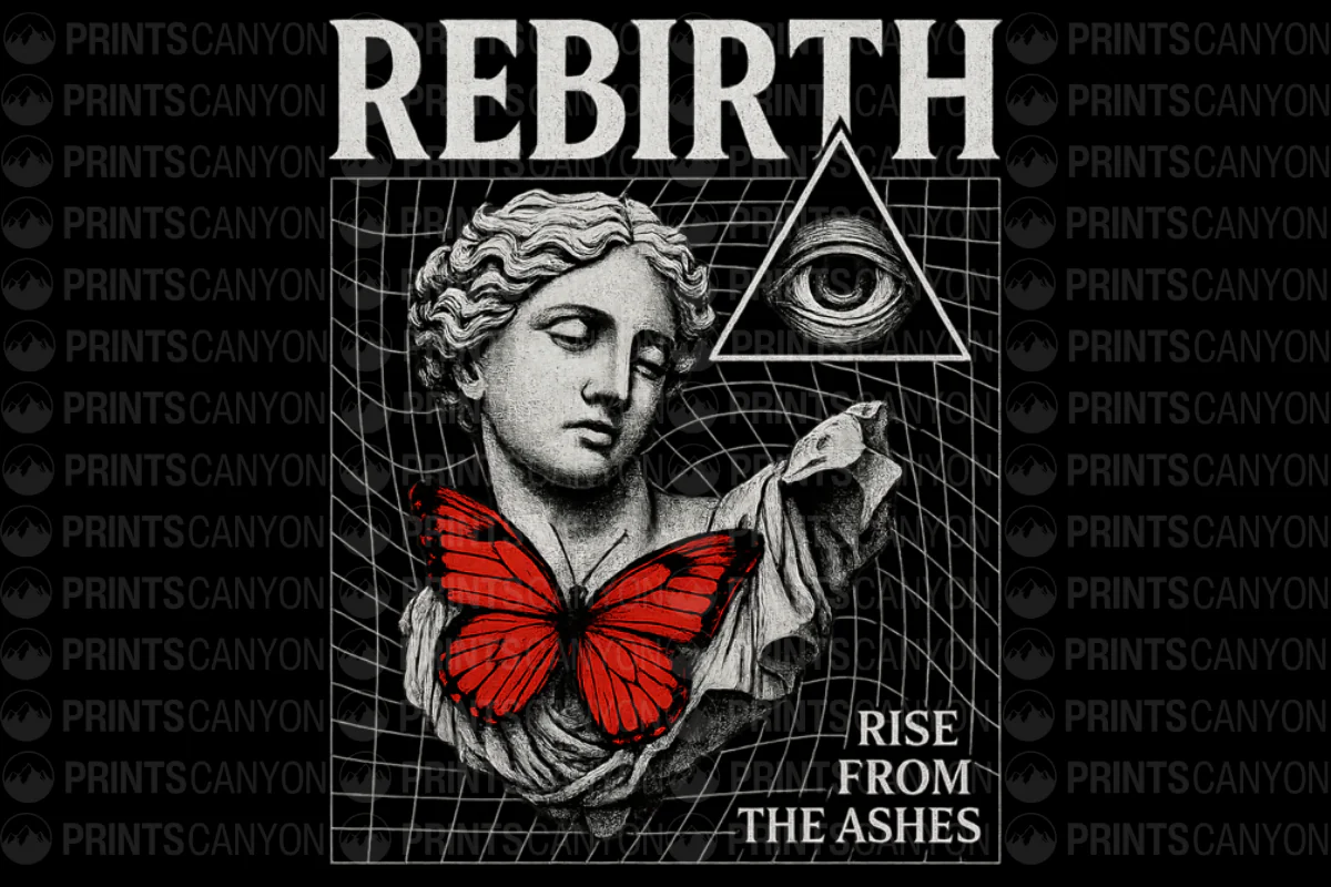 Rebirth: Rise from the Ashes Vintage Art Design with Butterfly and Eye Symbol