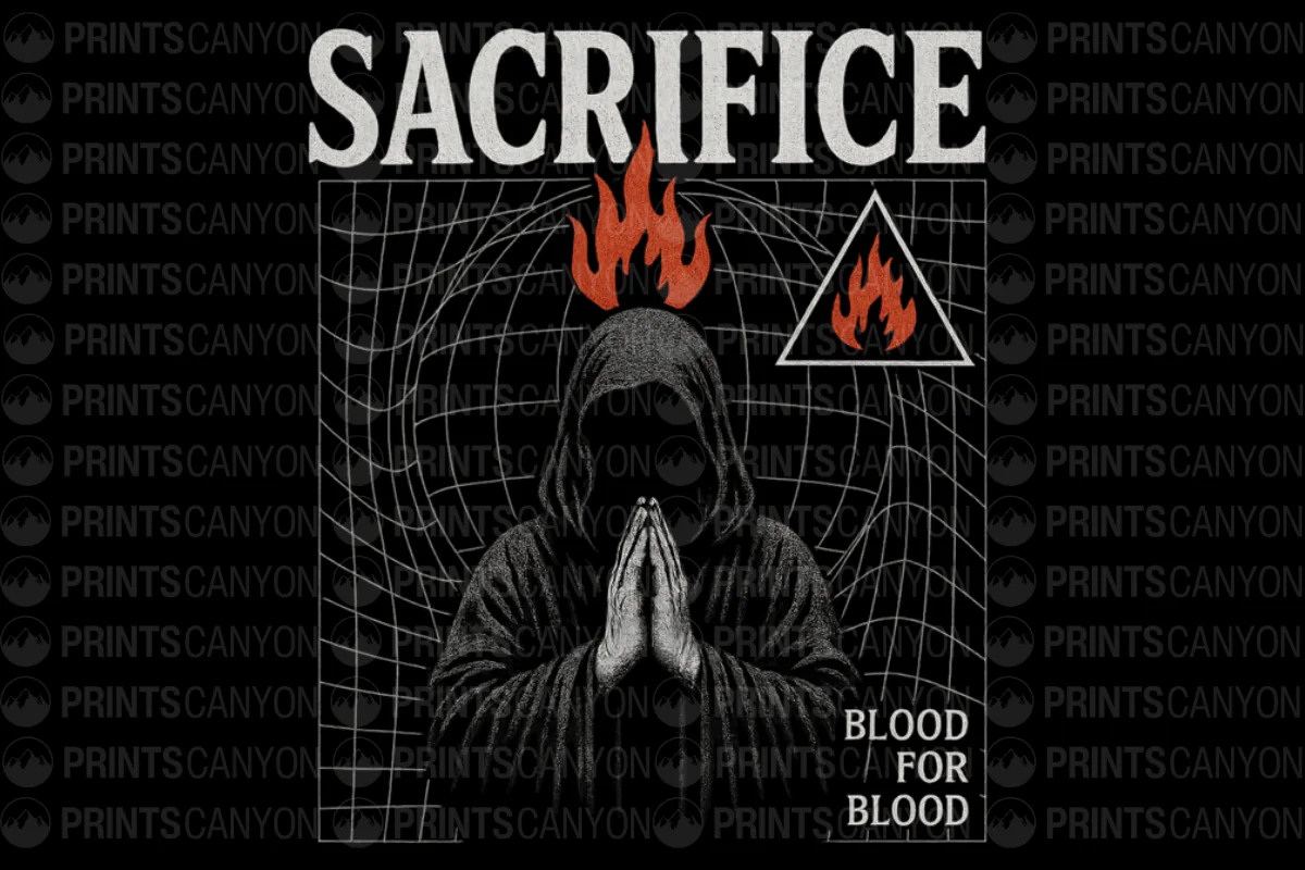 Mystical Sacrifice Hoodie Design with Flame and Blood Theme