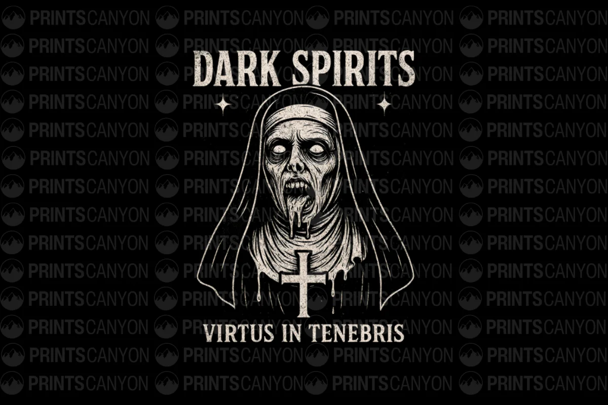 Dark Spirits Graphic Tee - Virtus in Tenebris Zombie Nun Halloween Horror Design