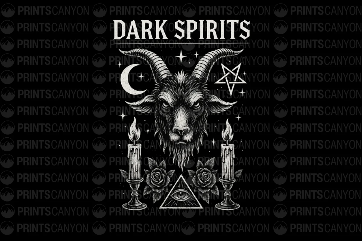 Dark Spirits Graphic Tee - Occult Design with Goat Head, Candles, and Mystical Symbols