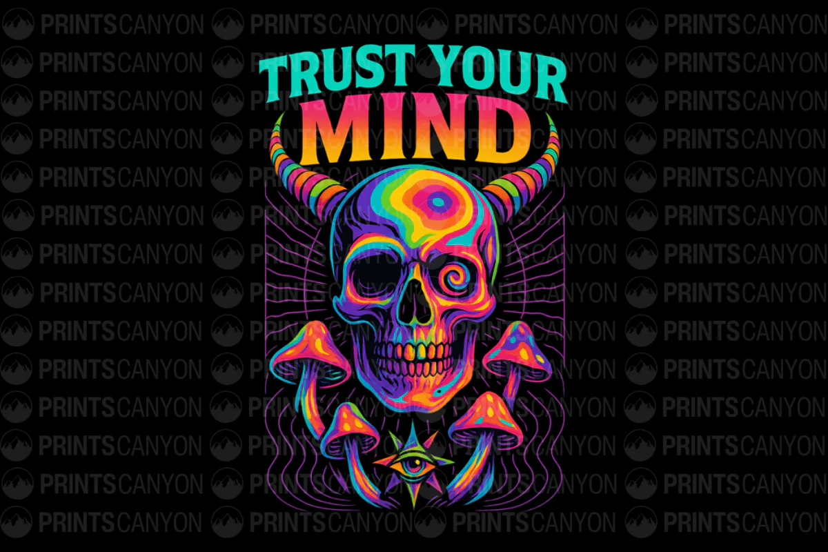 Psychedelic Trust Your Mind Skull Art Print with Colorful Mushrooms and Eye Design