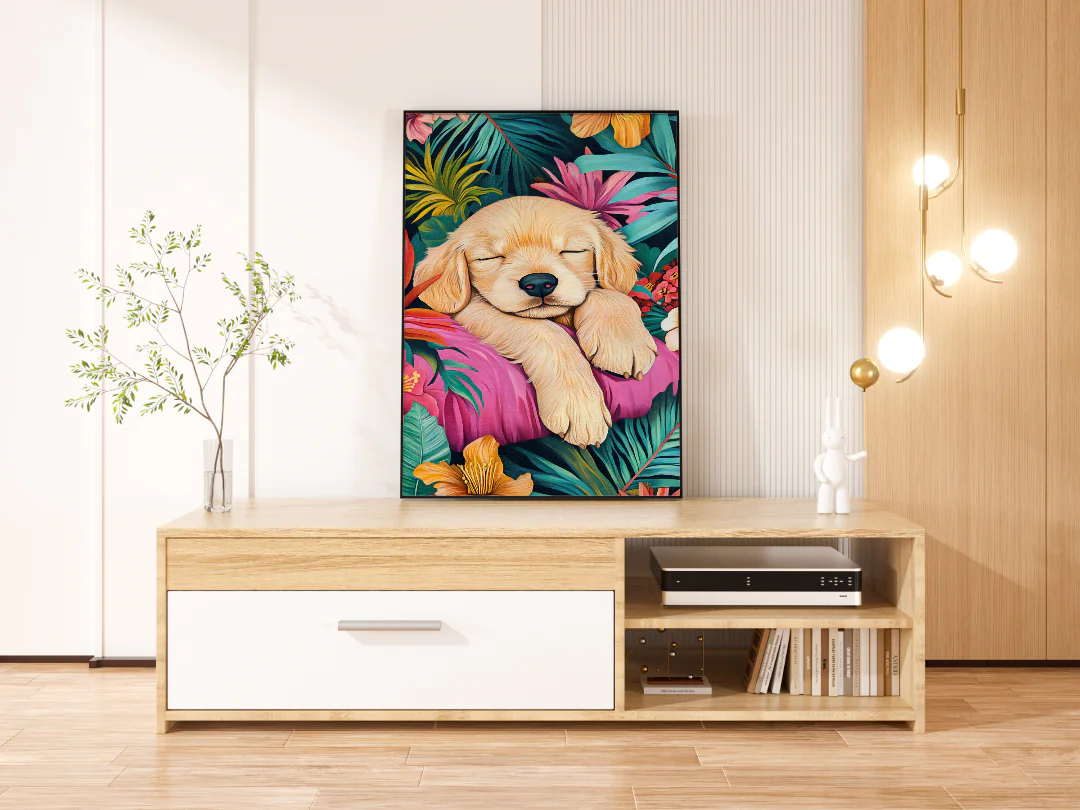 Dreamy Golden Retriever Puppy Surrounded by Tropical Blooms Art Print