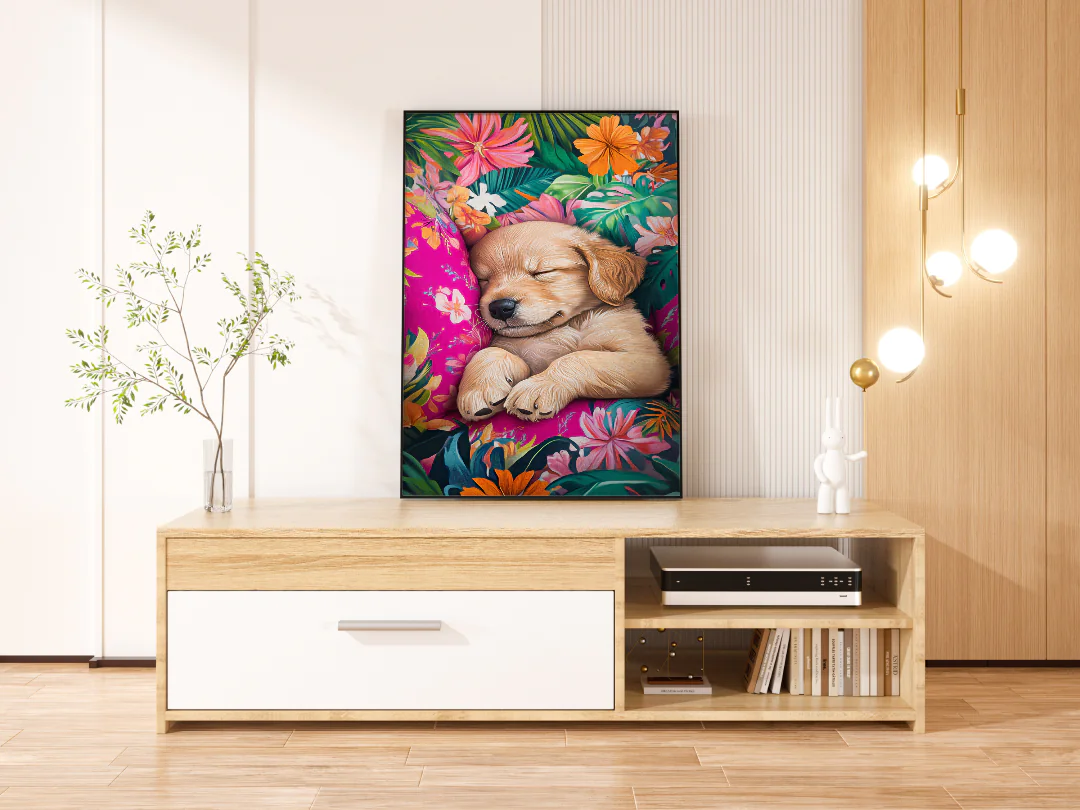 Adorable Golden Retriever Puppy Relaxing in Tropical Floral Paradise