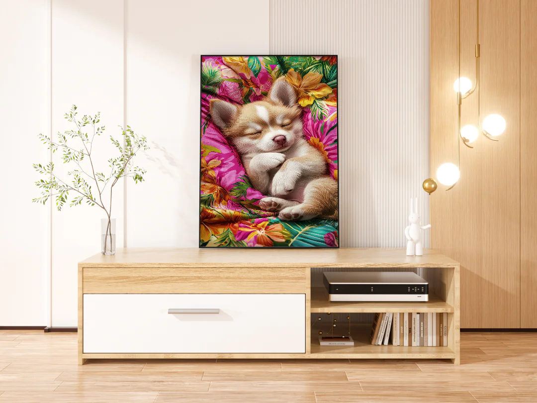 Adorable Sleeping Corgi Puppy on Vibrant Tropical Floral Blanket