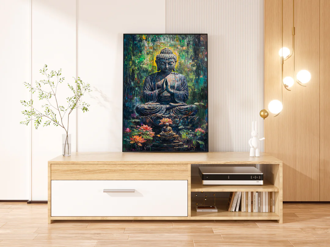 Serene Buddha Sculpture with Lotus Flowers for Tranquil Home Decor