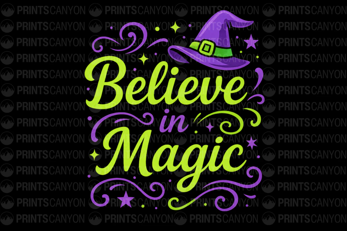 Believe in Magic Witch Hat Graphic T-Shirt Design for Halloween and Enchanted Occasions