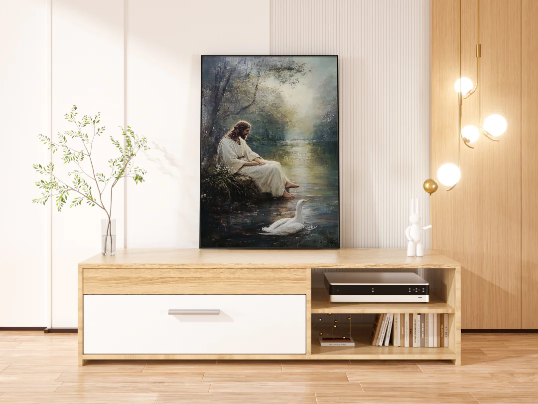 Serene Reflection: Jesus Meditating by the Tranquil Waters with a Graceful Swan