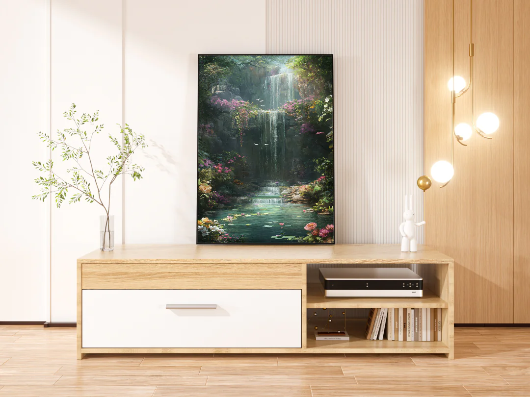 Tranquil Waterfall Oasis with Lush Flora and Serene Waterscape