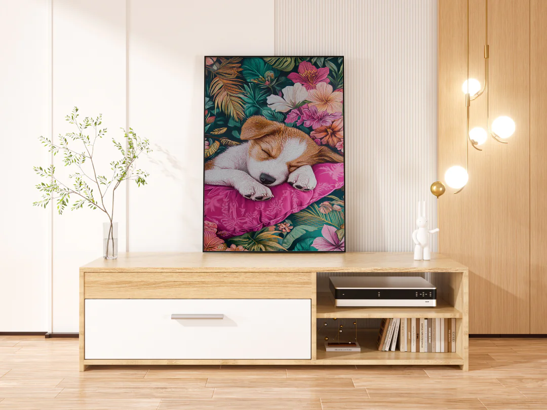 Adorable Sleeping Puppy on Pink Pillow Surrounded by Tropical Flowers and Leaves