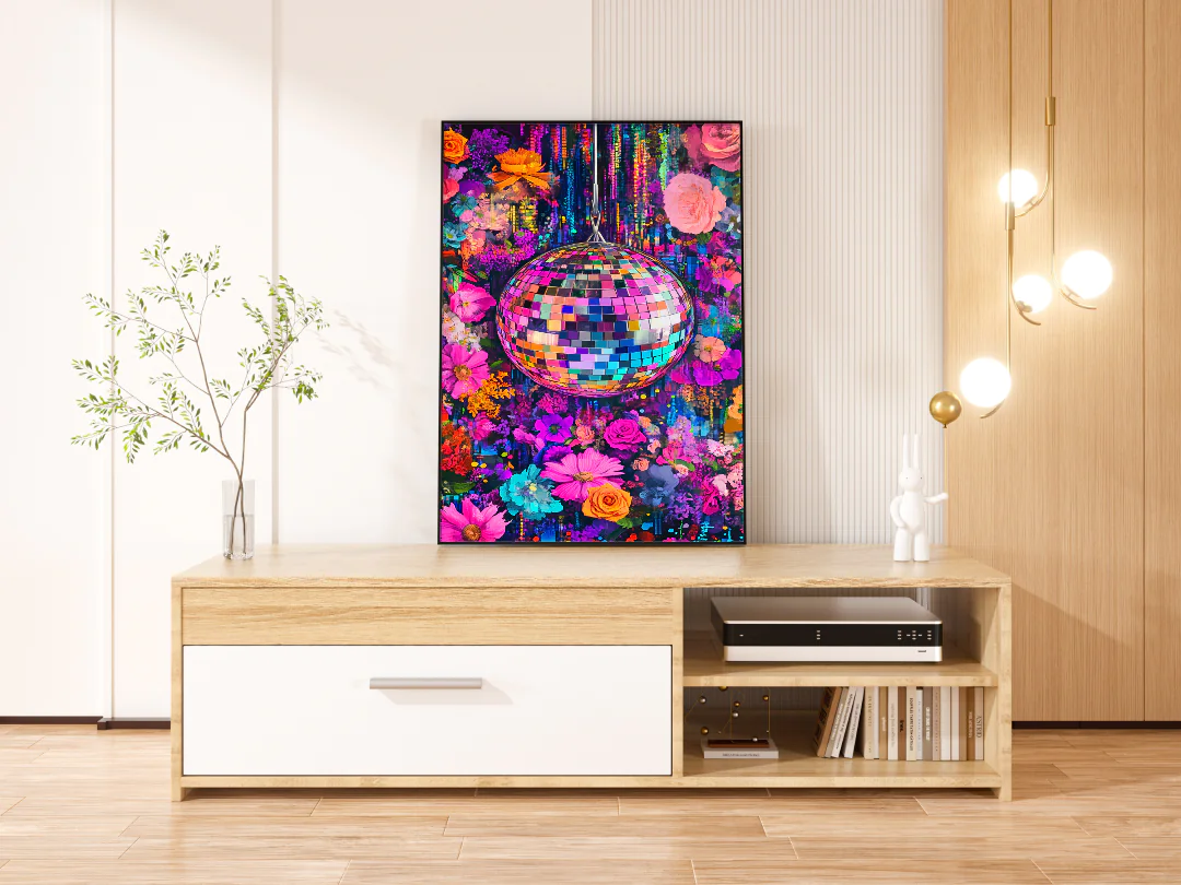 Vibrant Disco Floral Wall Art with Stunning Colorful Glittering Disco Ball Design