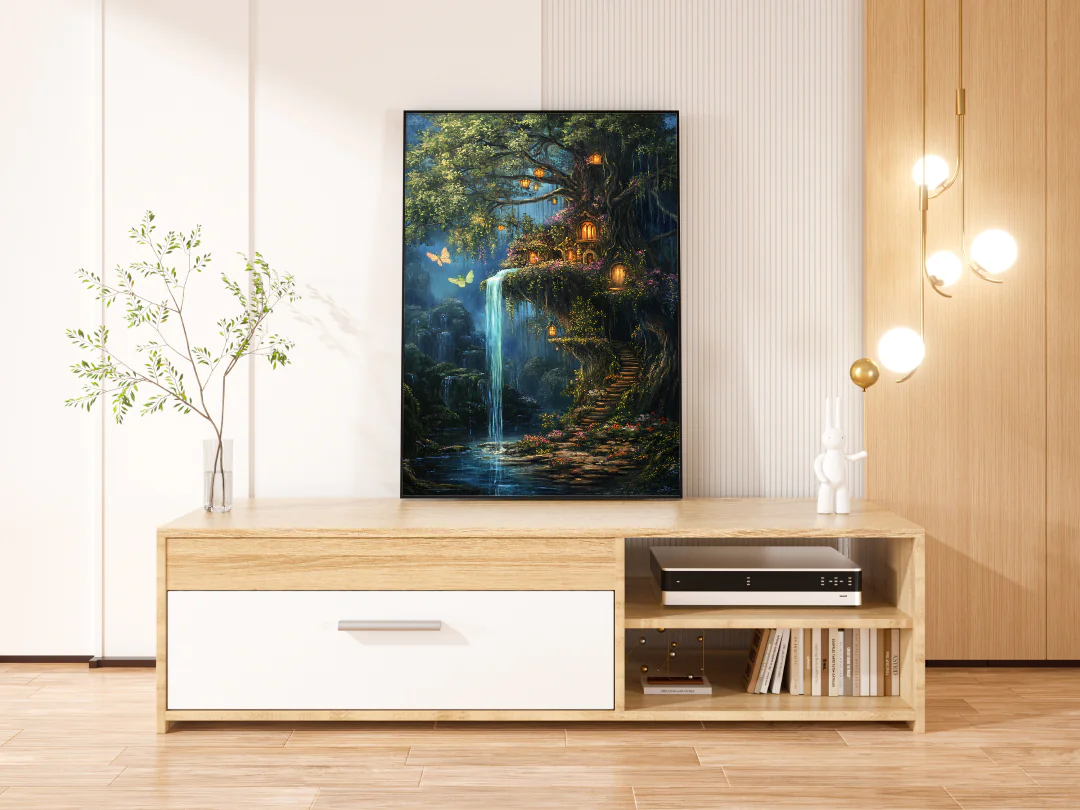 Enchanted Treehouse Retreat by a Serene Waterfall in a Magical Forest Setting