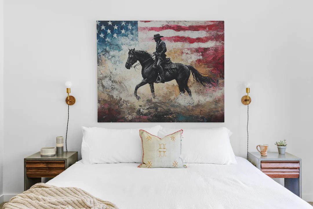 American Spirit: Cowboy on Horseback Against the Vibrant Flag Canvas Art