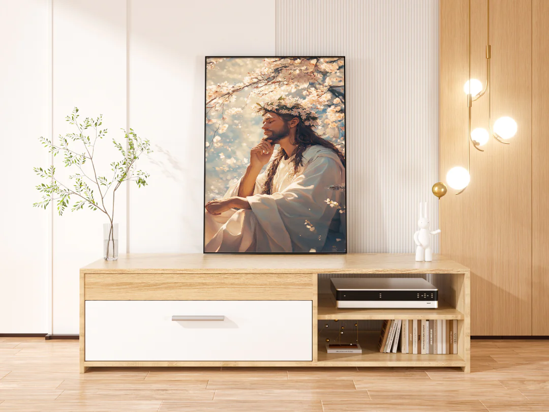 Serene Beauty: Jesus Christ Surrounded by Blossoming Flowers in Ethereal Light