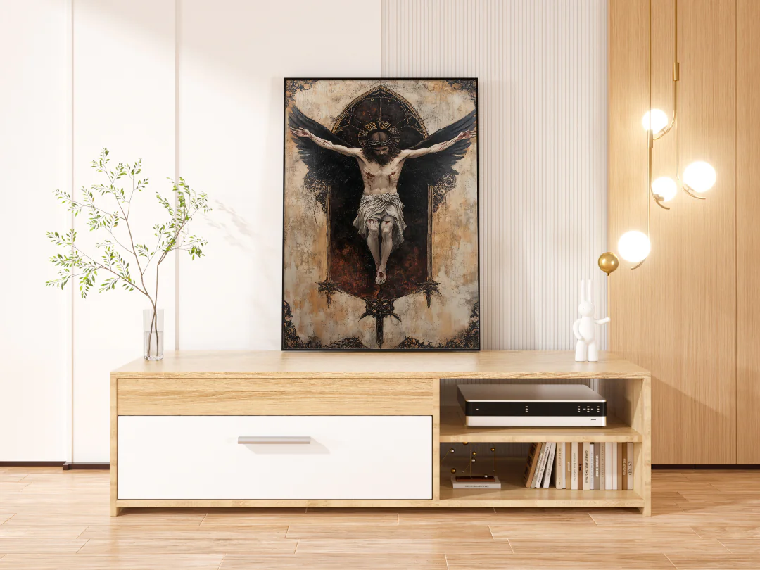 Crucifixion Artwork with Angelic Wings and Medieval Texture